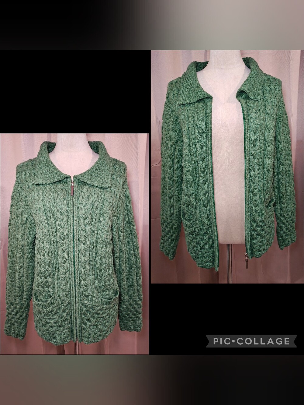 🍀Vtg Blarney Aran Originals Irish Wool Zip Cardigan Cable Knit Sweater🇮🇪